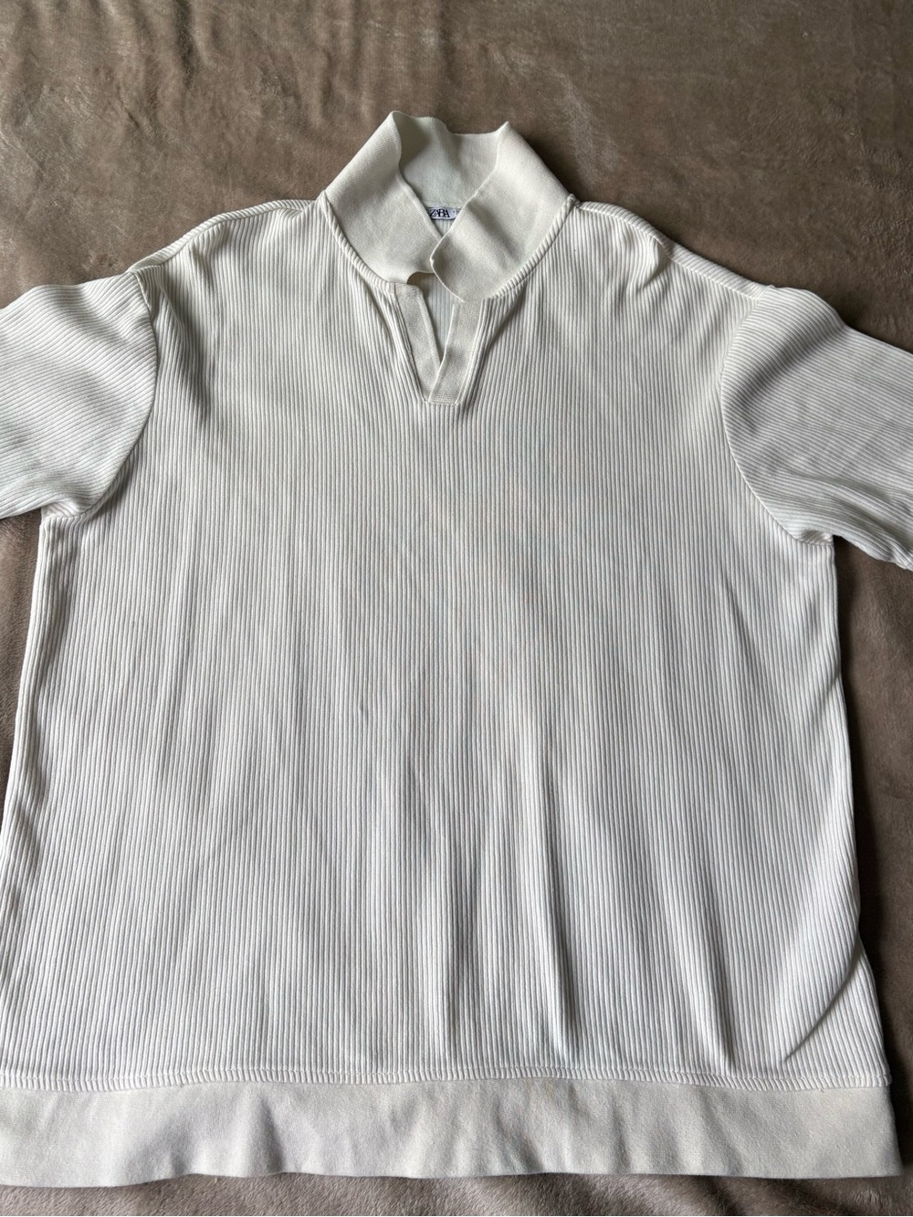 ZARA Men’s XL Ribbed Textured Polo Shirt Off White Ecru 3443/460/251